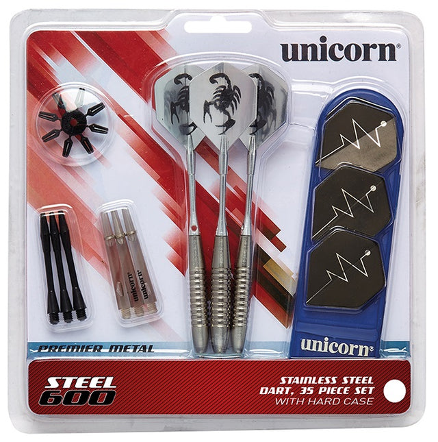 MM600 Steel Tip Darts main product image showing the darts, packaging, flights, shafts, and included accessories
