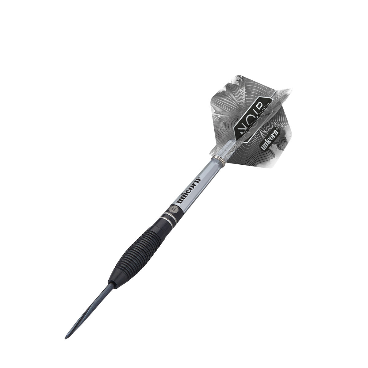 Noir Style 1 Steel Tip Darts angled product image displaying the barrel profile, grip layout, and design features