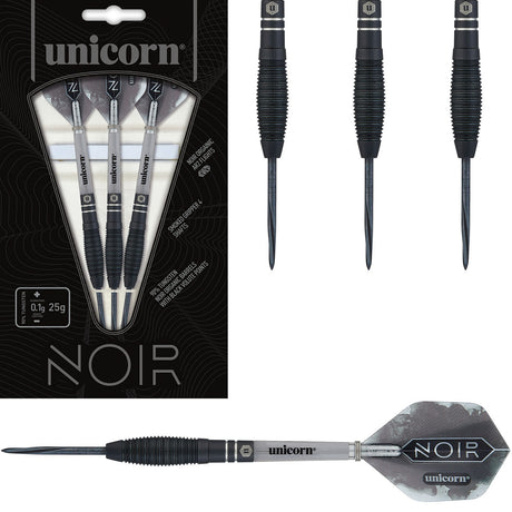 Noir Style 1 Steel Tip Darts main product image showing the darts, packaging, flights, shafts, and included accessories