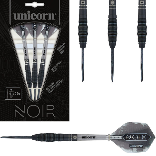 Noir Style 1 Steel Tip Darts main product image showing the darts, packaging, flights, shafts, and included accessories