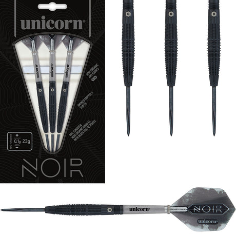 Noir Style 2 Steel Tip Darts main product image showing the darts, packaging, flights, shafts, and included accessories