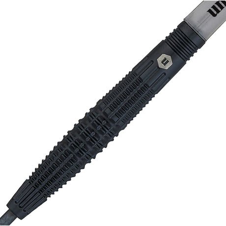 Noir Style 2 Steel Tip Darts close up image showing detailed grip patterns, machining, coating, and precision craftsmanship