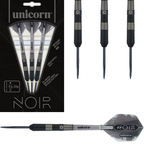 Noir Style 3 Steel Tip Darts main product image showing the darts, packaging, flights, shafts, and included accessories