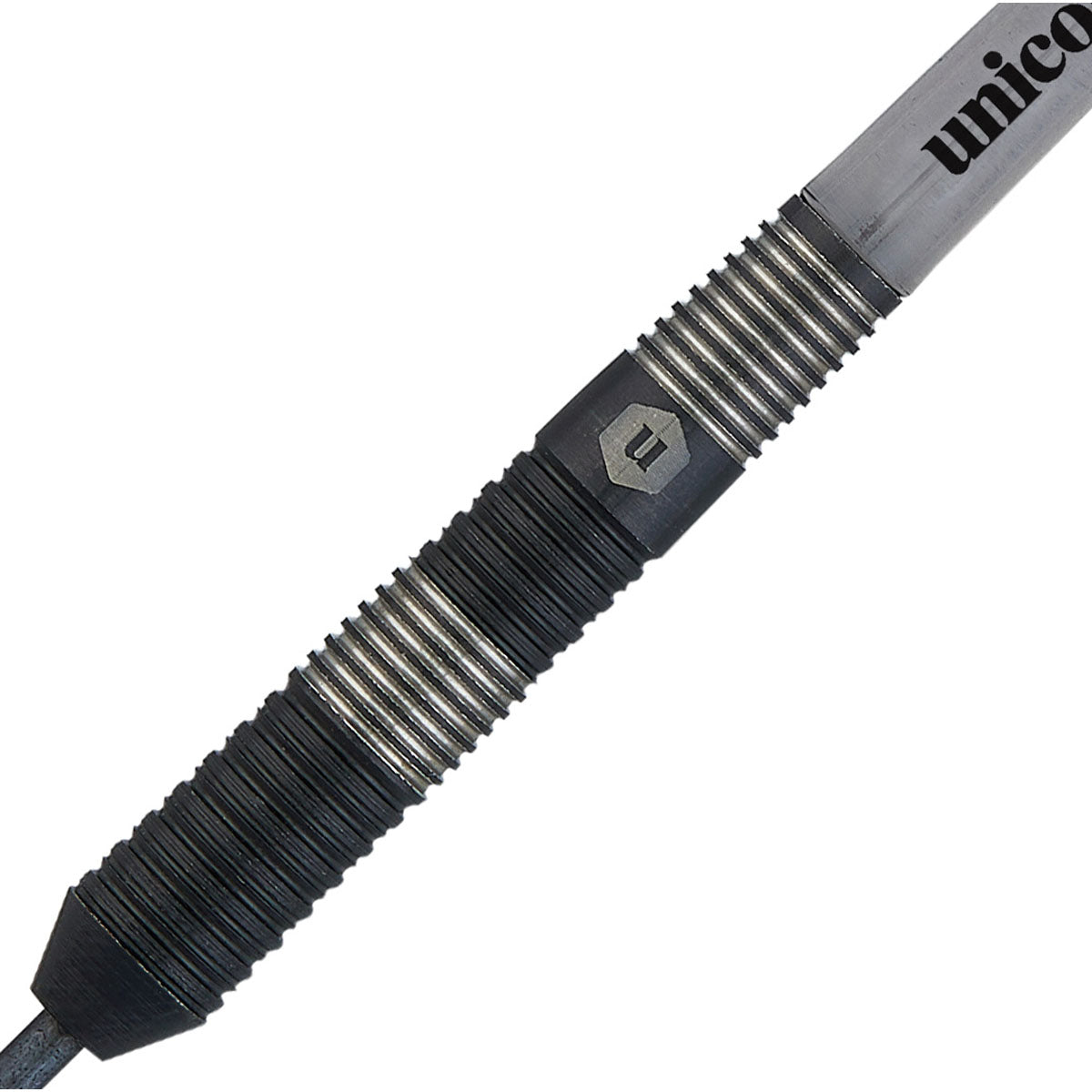 Noir Style 3 Steel Tip Darts close up image showing detailed grip patterns, machining, coating, and precision craftsmanship