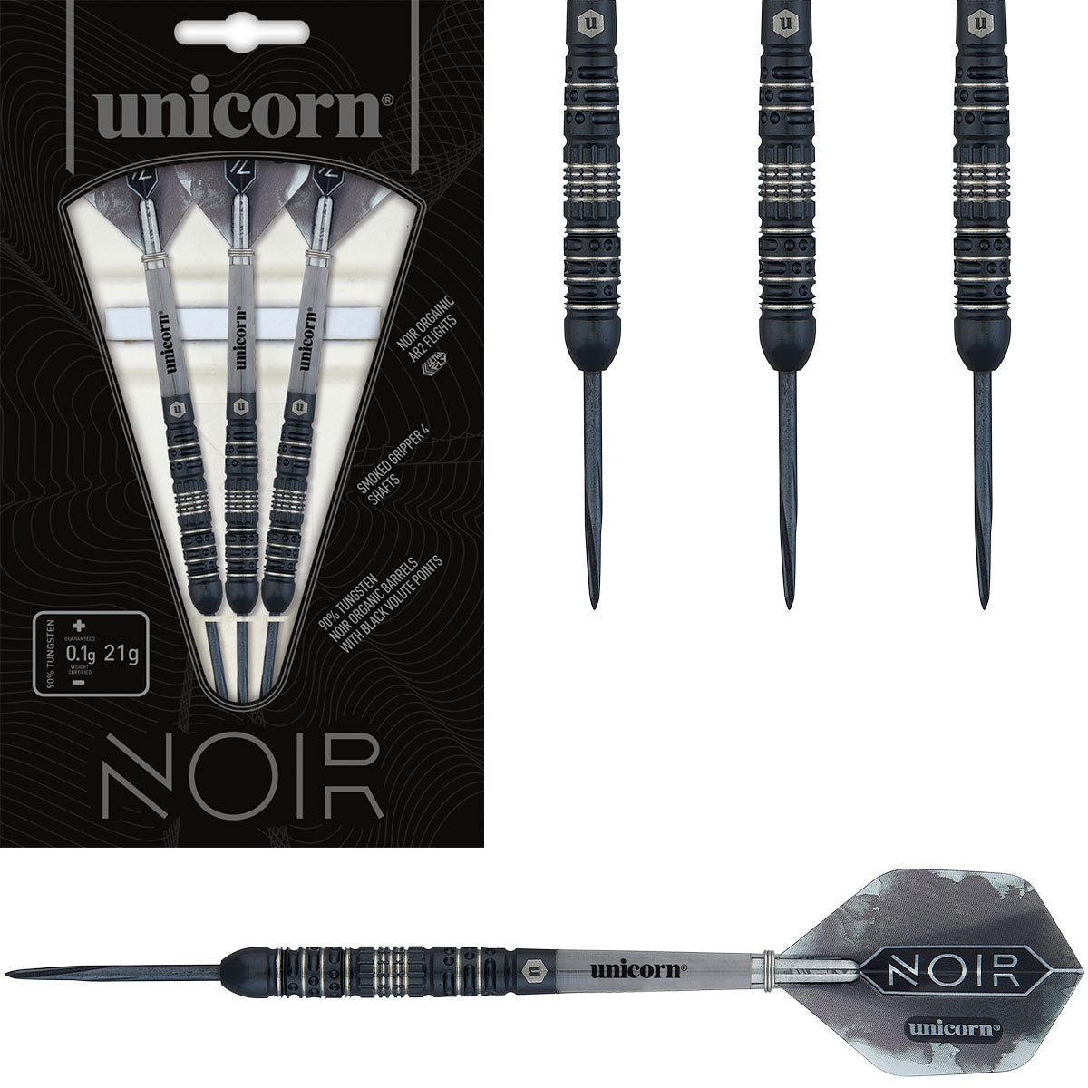 Noir Style 4 Steel Tip Darts main product image showing the darts, packaging, flights, shafts, and included accessories