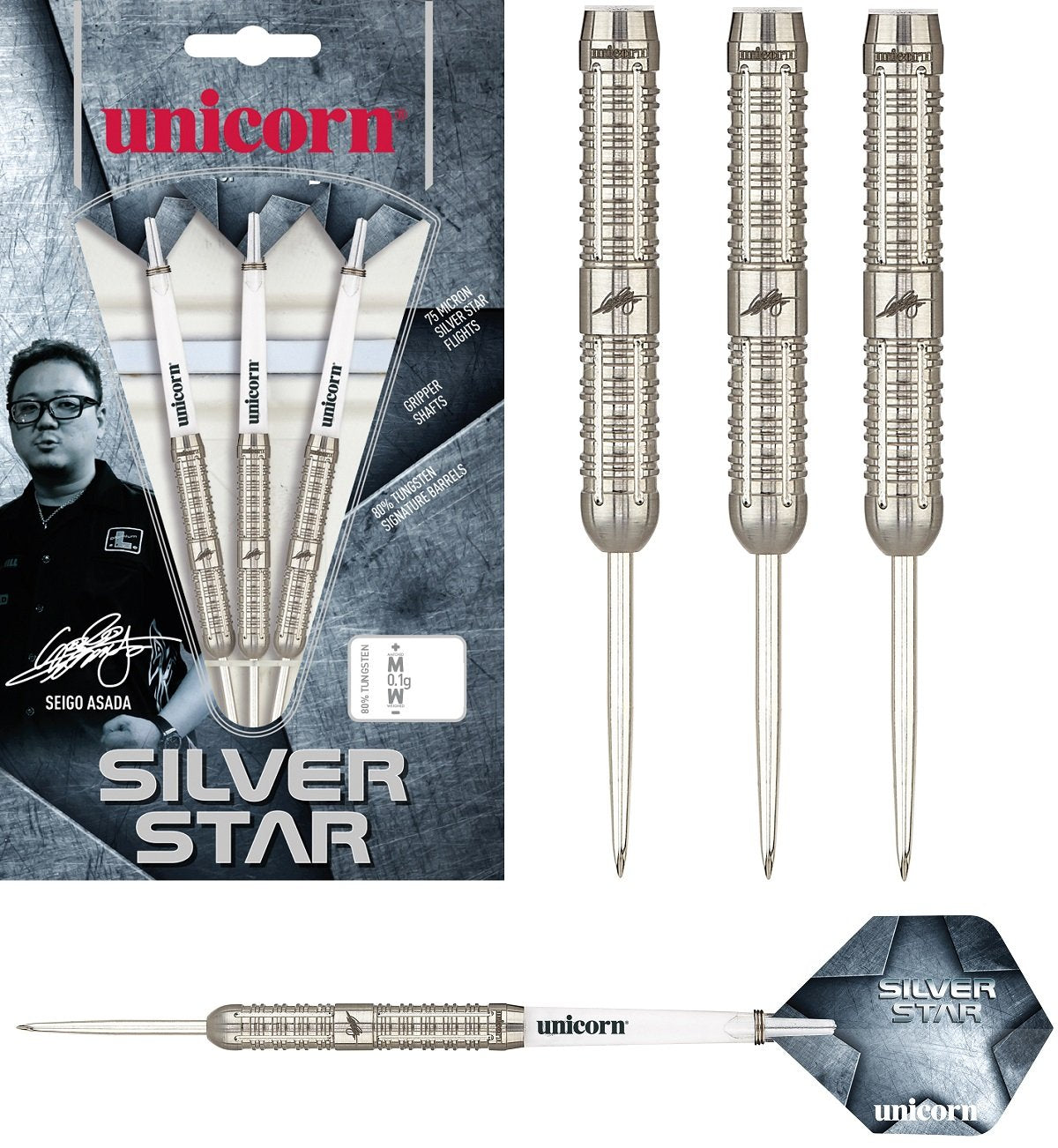 Seigo Asada Silver Star Steel Tip Darts main product image showing the darts, packaging, flights, shafts, and included accessories