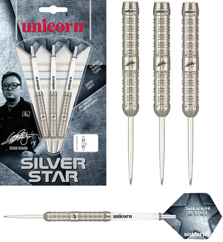 Seigo Asada Silver Star Steel Tip Darts main product image showing the darts, packaging, flights, shafts, and included accessories