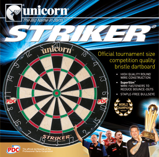 Unicorn Striker Dartboard outer box image showing the retail packaging and branding