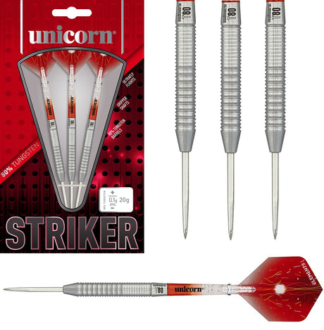 Striker Type 1 Steel Tip Darts main product image showing the darts, packaging, flights, shafts, and included accessories