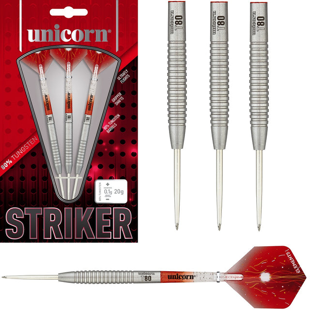 Striker Type 2 Steel Tip Darts main product image showing the darts, packaging, flights, shafts, and included accessories