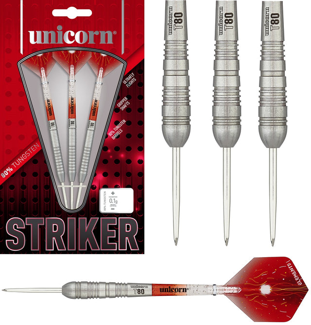 Striker Type 4 Steel Tip Darts main product image showing the darts, packaging, flights, shafts, and included accessories