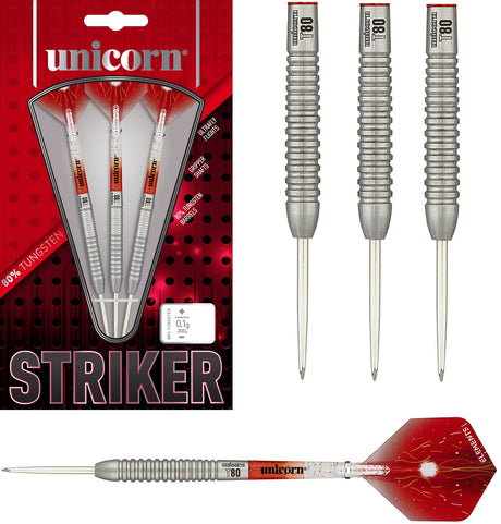 Striker Type 5 Steel Tip Darts main product image showing the darts, packaging, flights, shafts, and included accessories