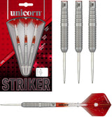 Striker Type 6 Steel Tip Darts main product image showing the darts, packaging, flights, shafts, and included accessories