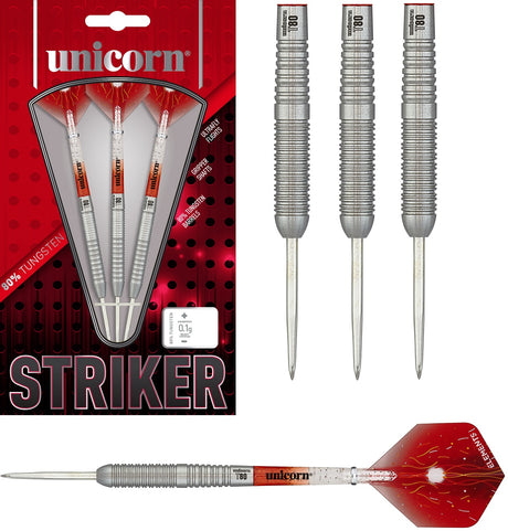 Striker Type 6 Steel Tip Darts main product image showing the darts, packaging, flights, shafts, and included accessories