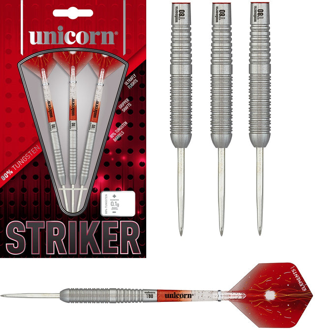 Striker Type 6 Steel Tip Darts main product image showing the darts, packaging, flights, shafts, and included accessories