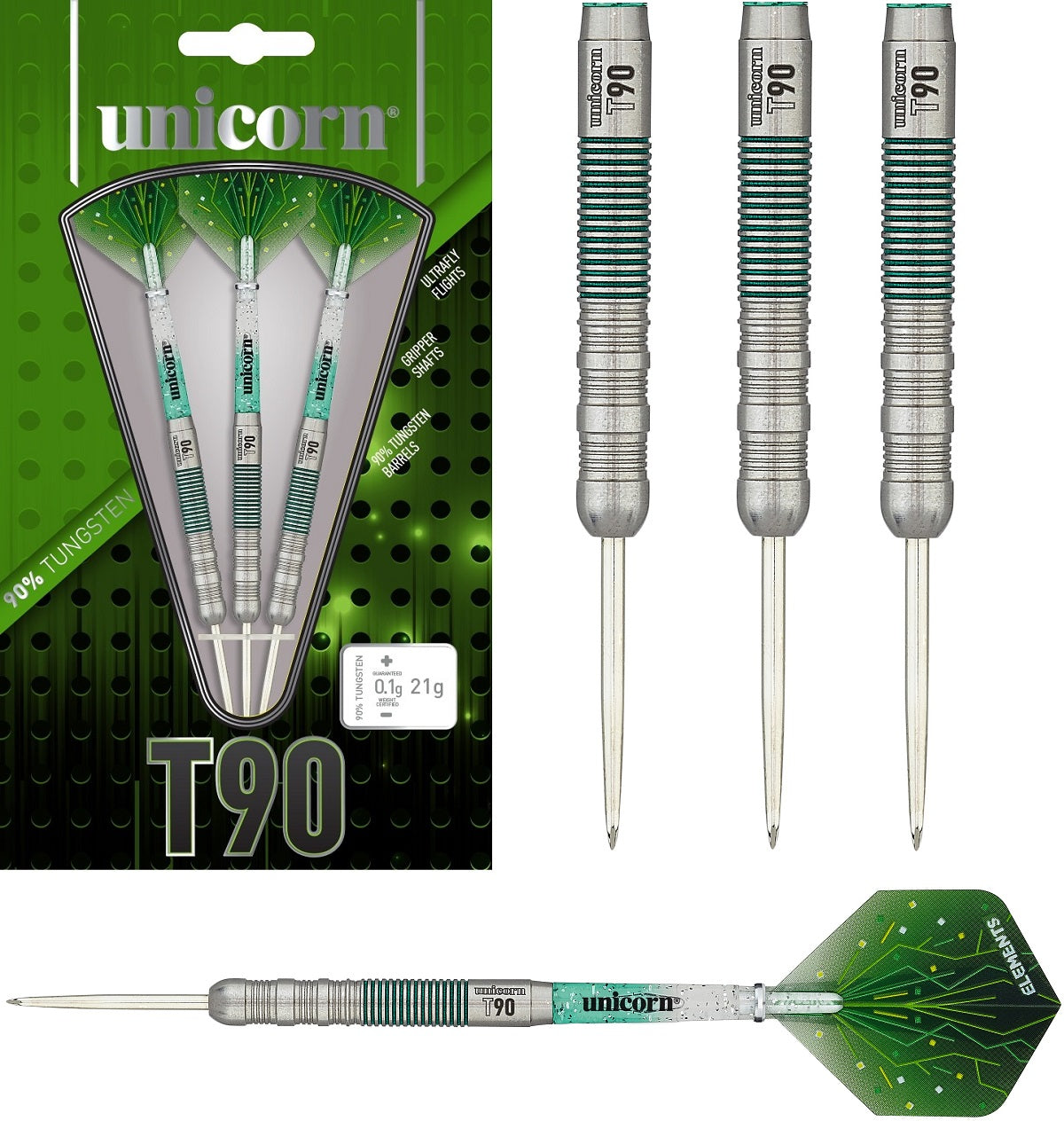 T90 Type 1 Core XL Green Steel Tip Darts main product image showing the darts, packaging, flights, shafts, and included accessories