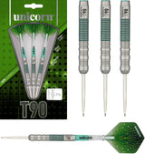 T90 Type 1 Core XL Green Steel Tip Darts main product image showing the darts, packaging, flights, shafts, and included accessories