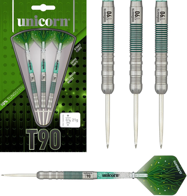 T90 Type 1 Core XL Green Steel Tip Darts main product image showing the darts, packaging, flights, shafts, and included accessories