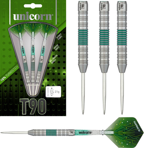 T90 Type 2 Core XL Green Steel Tip Darts main product image showing the darts, packaging, flights, shafts, and included accessories