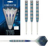 T95 Type 1 Core XL Blue Steel Tip Darts main product image showing the darts, packaging, flights, shafts, and included accessories
