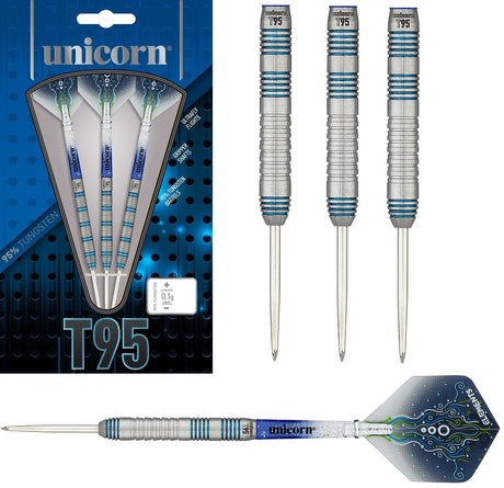 T95 Type 2 Core XL Blue Steel Tip Darts main product image showing the darts, packaging, flights, shafts, and included accessories