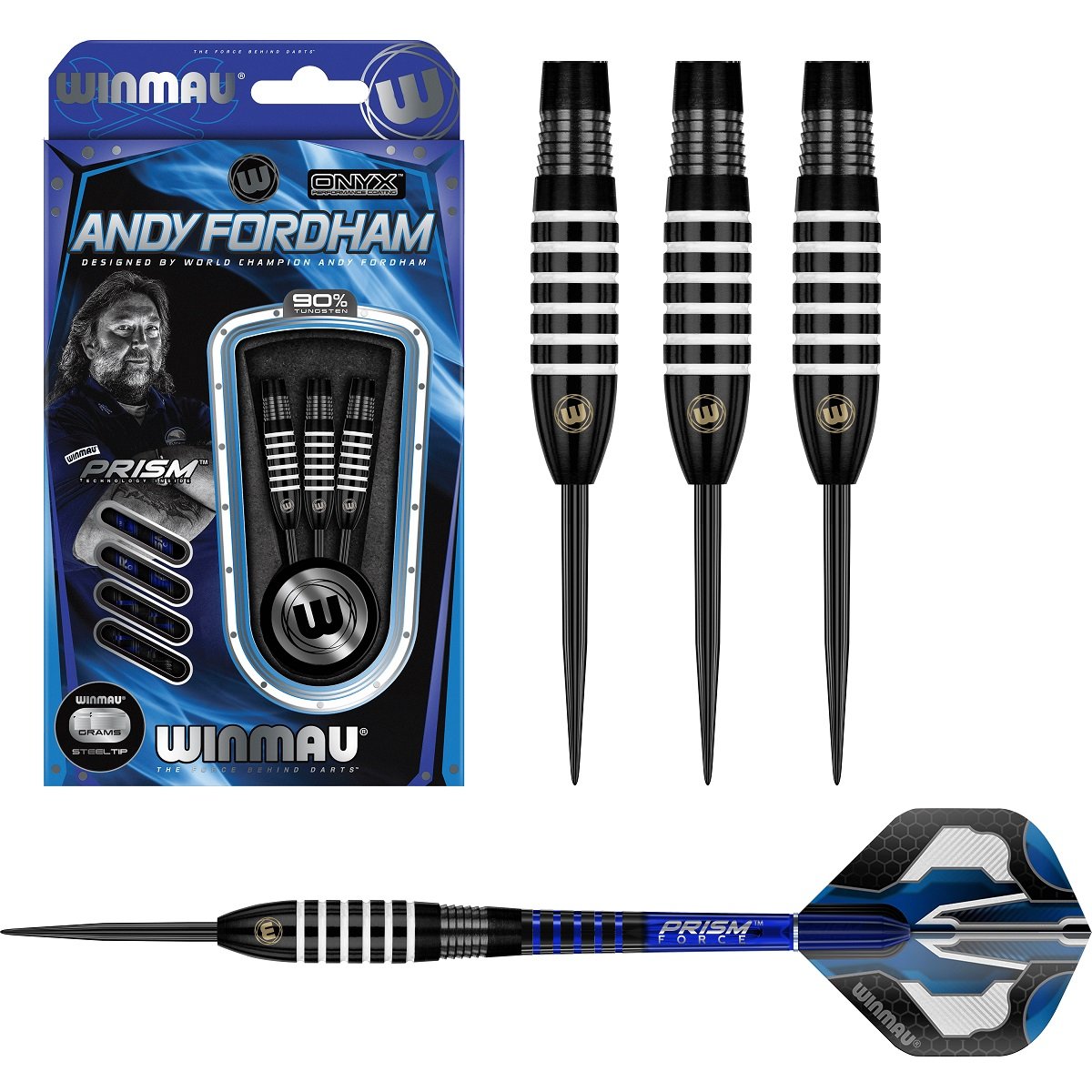 Andy Fordham Black Steel Tip Darts main product image showing the darts, packaging, flights, shafts, and included accessories