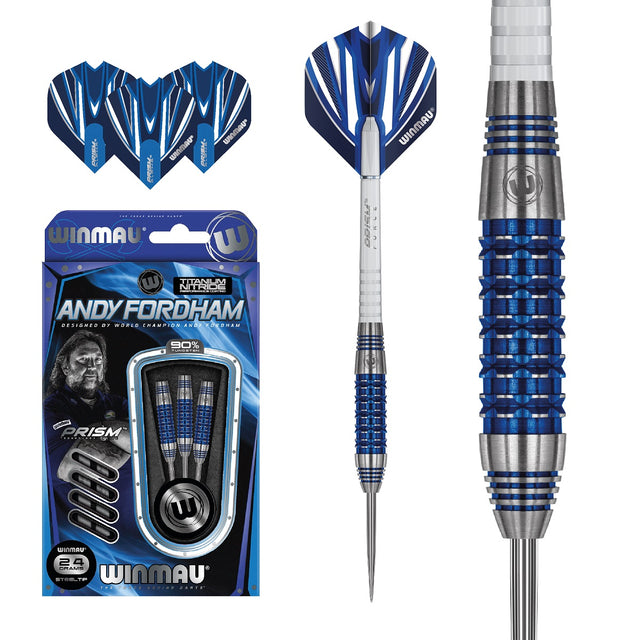 Andy Fordham Blue Titanium Nitride Steel Tip Darts main product image showing the darts, packaging, flights, shafts, and included accessories