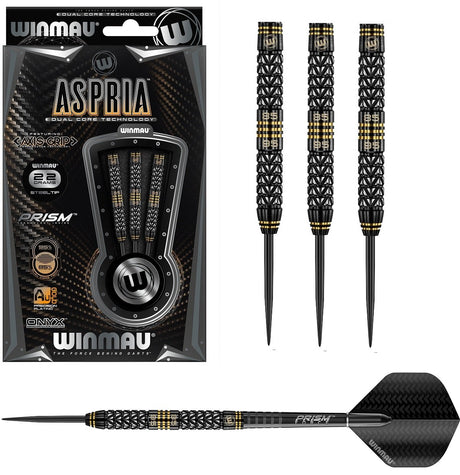 Aspria Dual Density Straight Barrel Steel Tip Darts main product image showing the darts, packaging, flights, shafts, and included accessories
