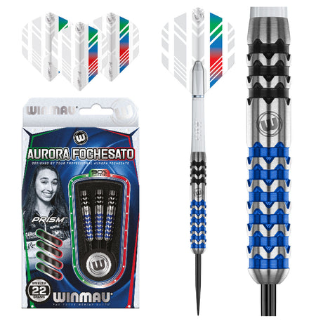 Aurora Fochesato Steel Tip Darts main product image showing the darts, packaging, flights, shafts, and included accessories