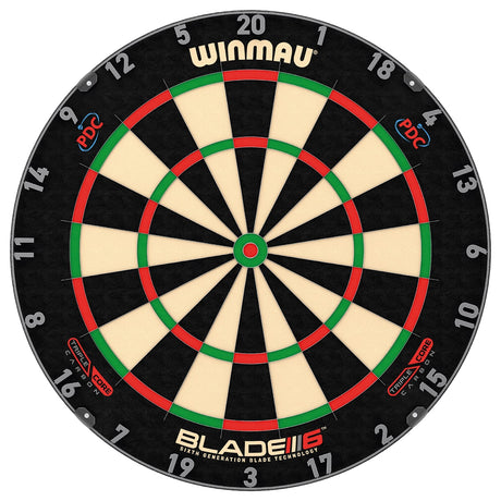 Winmau Blade 6 Carbon Triple Core Dartboard main product image showing the dartboard and product contents