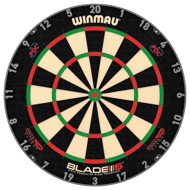 Winmau Blade 6 Carbon Triple Core Dartboard main product image showing the dartboard and product contents