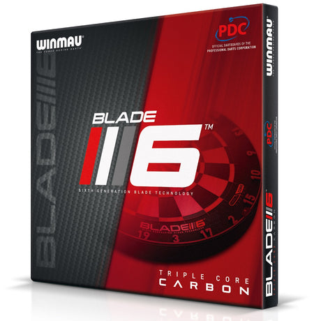 Winmau Blade 6 Carbon Triple Core Dartboard outer box image showing the retail packaging and branding