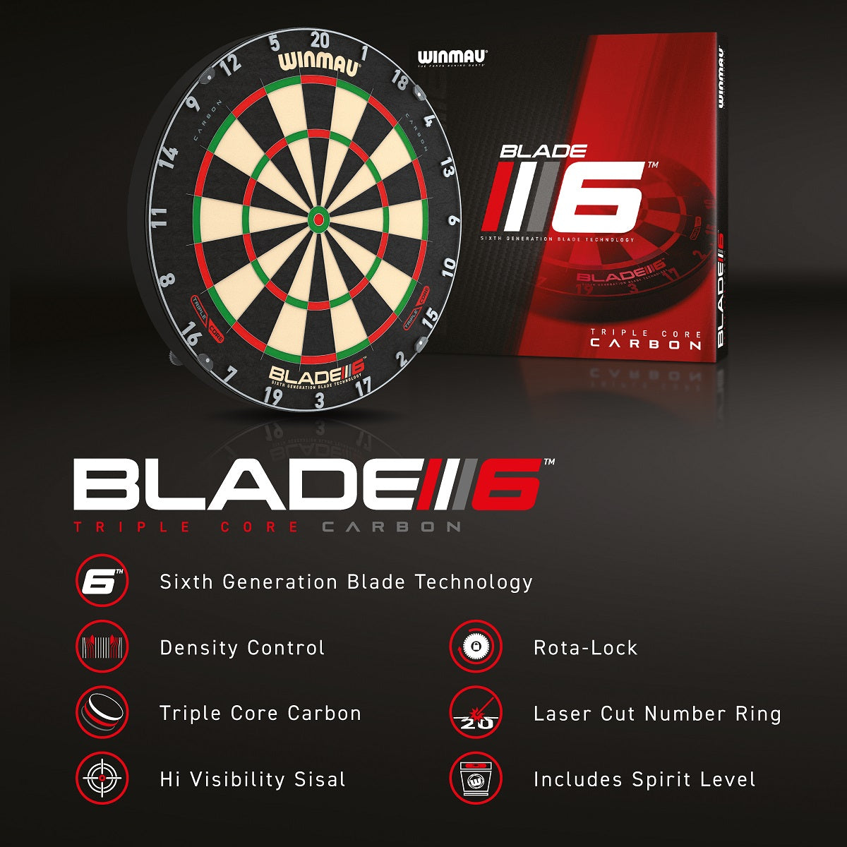 Winmau Blade 6 Carbon Triple Core Dartboard image showing everything included inside the box