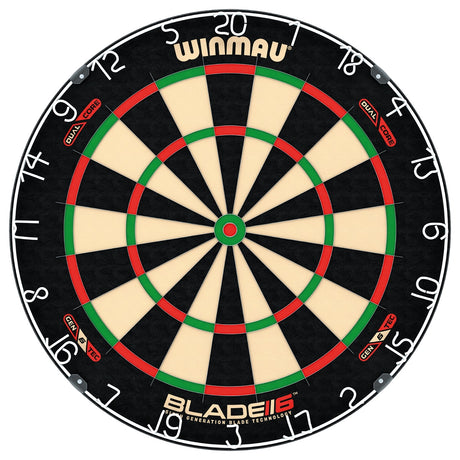 Winmau Blade 6 Dual Core Dartboard main product image showing the dartboard and product contents