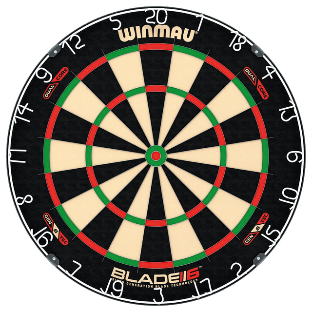 Winmau Blade 6 Dual Core Dartboard main product image showing the dartboard and product contents