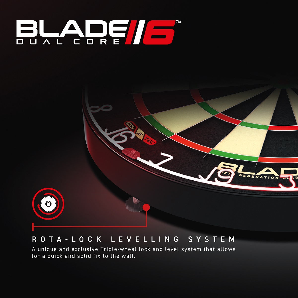 Winmau Blade 6 Dual Core Dartboard close up image highlighting the rota-lock levelling system