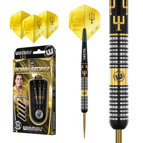 Bobby George Steel Tip Darts main product image showing the darts, packaging, flights, shafts, and included accessories