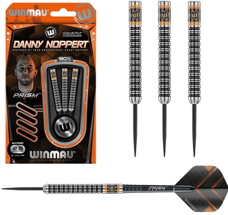 Danny Noppert Steel Tip Darts main product image showing the darts, packaging, flights, shafts, and included accessories