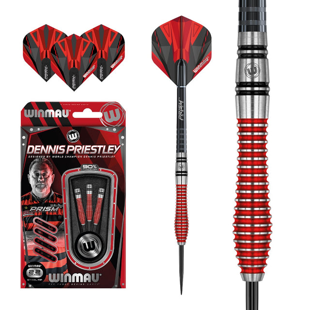 Dennis Priestley Special Edition Steel Tip Darts main product image showing the darts, packaging, flights, shafts, and included accessories