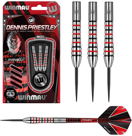 Dennis Priestley Steel Tip Darts main product image showing the darts, packaging, flights, shafts, and included accessories