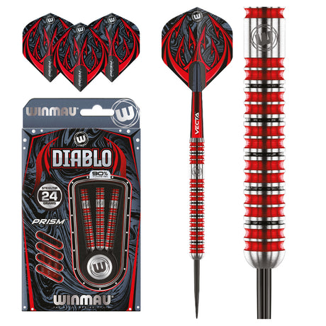 Diablo Straight Barrel Steel Tip Darts main product image showing the darts, packaging, flights, shafts, and included accessories