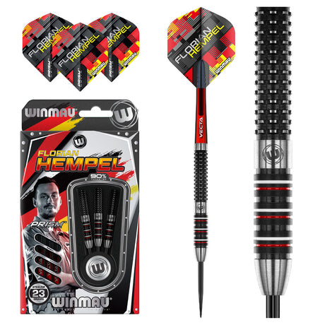 Florian Hempel Steel Tip Darts main product image showing the darts, packaging, flights, shafts, and included accessories