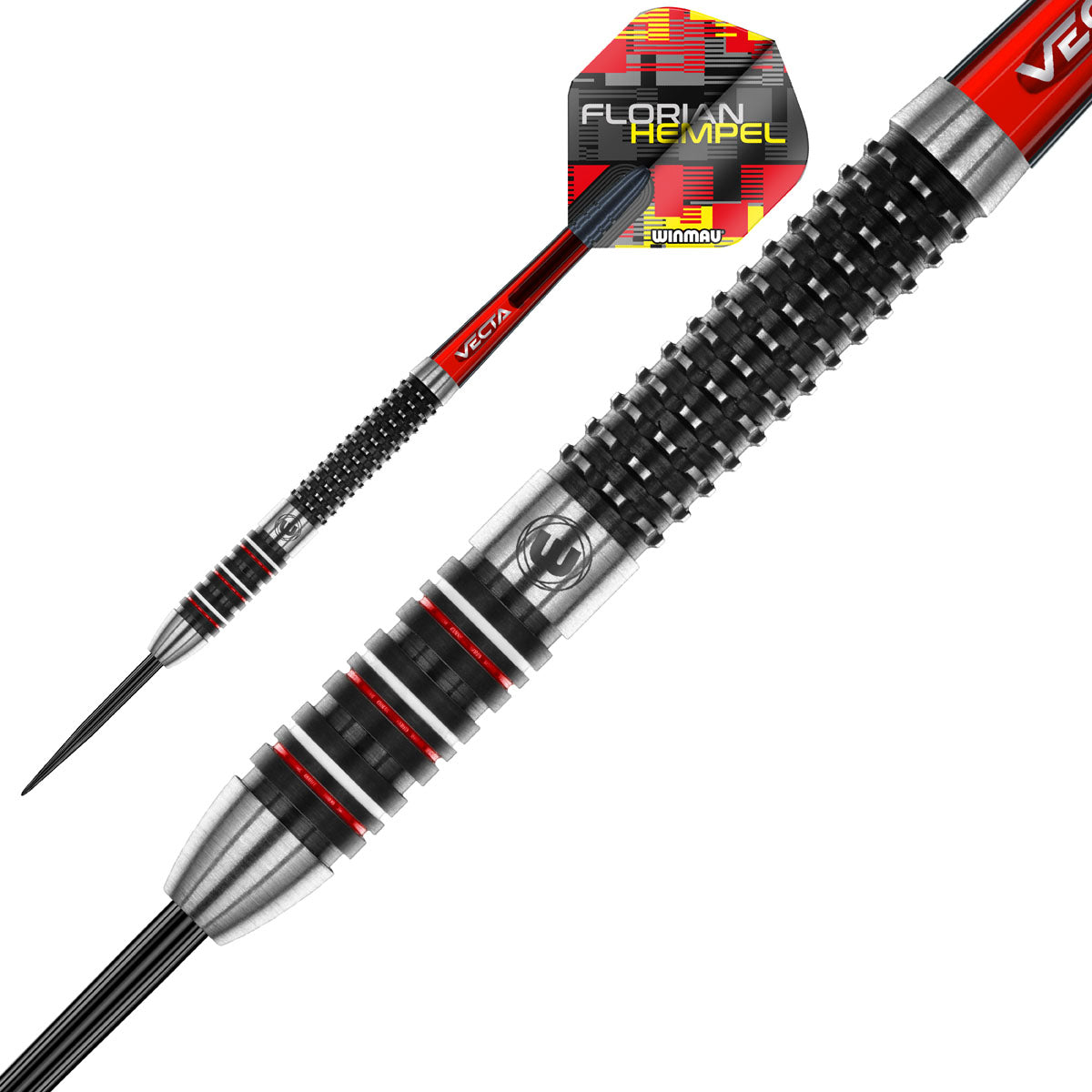 Florian Hempel Steel Tip Darts close up image showing detailed grip patterns, machining, coating, and precision craftsmanship