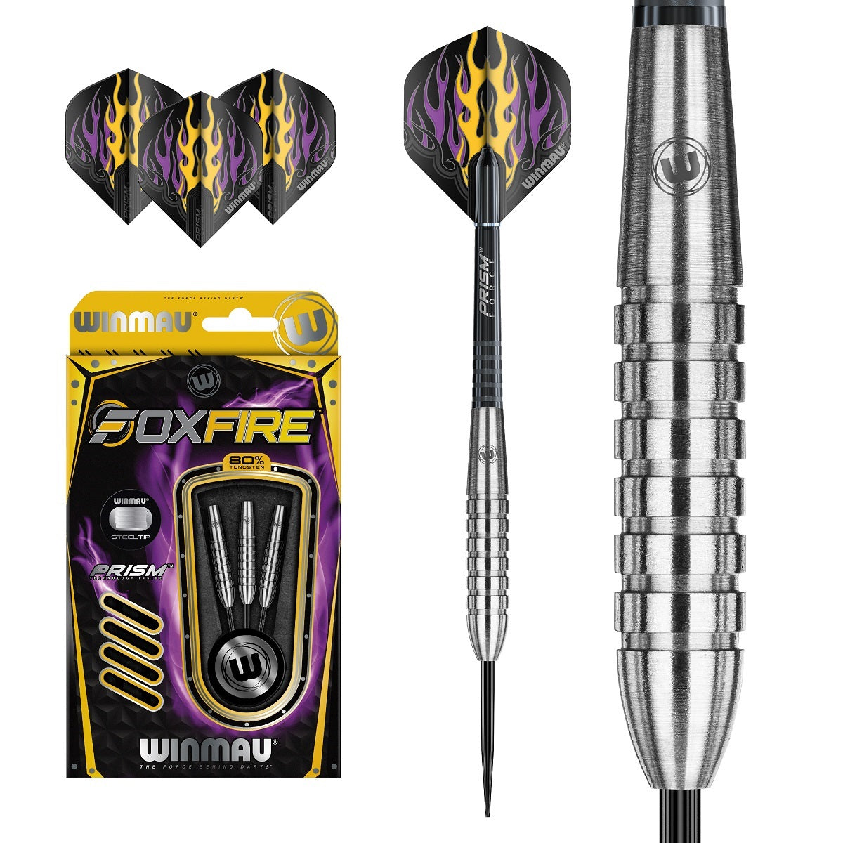 Foxfire Bomb Shape Steel Tip Darts main product image showing the darts, packaging, flights, shafts, and included accessories