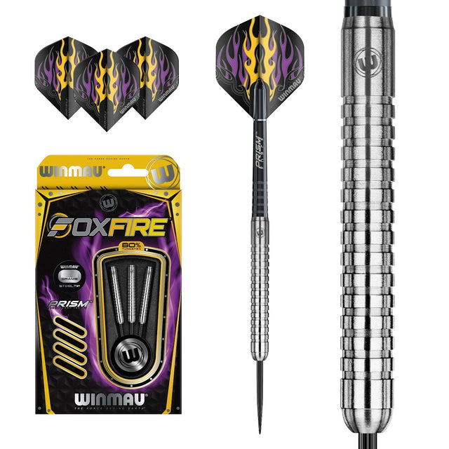 Foxfire Steel Tip Darts main product image showing the darts, packaging, flights, shafts, and included accessories
