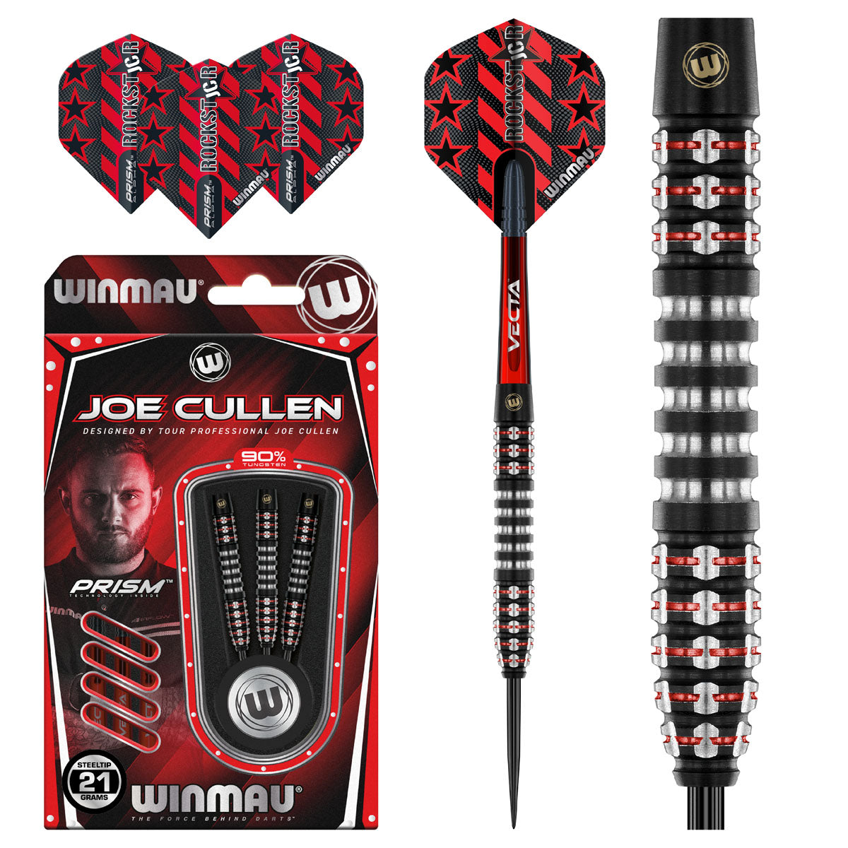 Joe Cullen Ignition Series Steel Tip Darts main product image showing the darts, packaging, flights, shafts, and included accessories