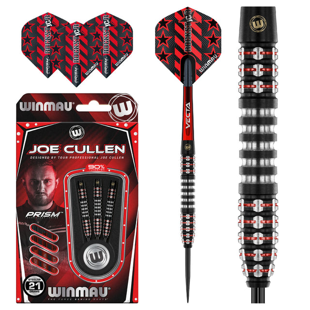 Joe Cullen Ignition Series Steel Tip Darts main product image showing the darts, packaging, flights, shafts, and included accessories