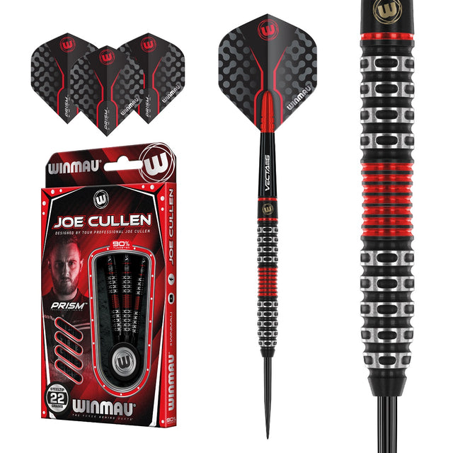 Joe Cullen Special Edition Steel Tip Darts main product image showing the darts, packaging, flights, shafts, and included accessories