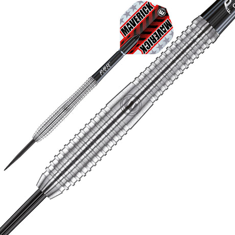 Maverick Steel Tip Darts close up image showing detailed grip patterns, machining, coating, and precision craftsmanship