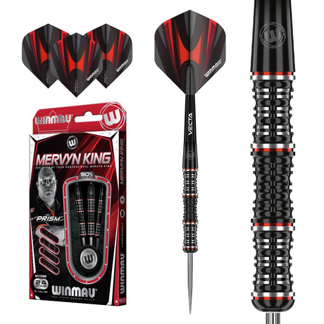 Mervyn King Special Edition Steel Tip Darts main product image showing the darts, packaging, flights, shafts, and included accessories